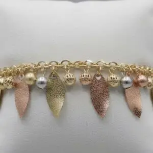 Golden Multi-Tone Charm Bracelet with Leaf & Bead Accents